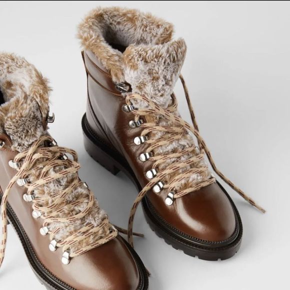 Zara Leather Lace Up Mountain Faux Fur Ankle Boots, Brown, Euro 38 (US 8), NWOT - Picture 2 of 15
